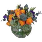 Centre de Table Roses Orange et feuillages (diam 15cm)